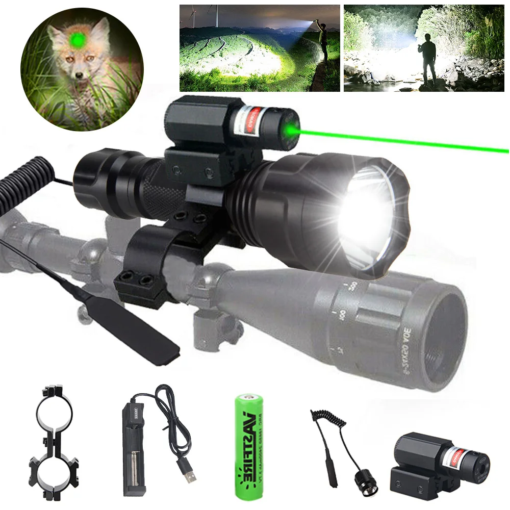 powerful led torch C8 XM-L Q5 T6 Tactical Hunting Flashlight Rifle Lantern Armas Light+Laser Dot Sight+Switch+20mm Rail Barrel Mount+18650+Charger best led torch