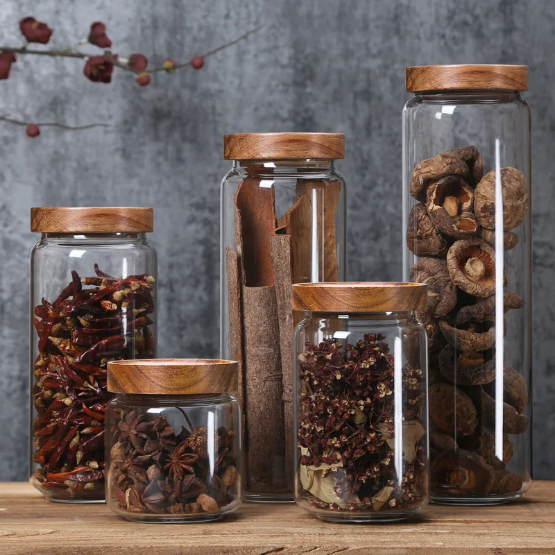 

Glass Storage Bottles Spice Jars with Wood Cover Sealed Tea Cans Coffee Beans Grains Candy Jar Containers Kitchen Organizer 1Pc