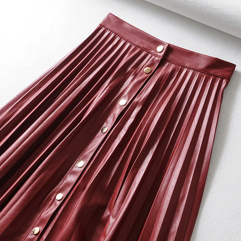 AGong Pleated Wine Red Skirts Women Fashion Buttons PU Leather Skirt Women Elegant Mid Calf Skirts Female Ladies JL