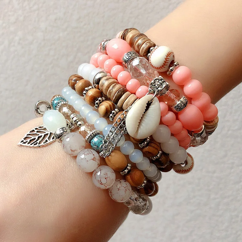 

Boho Bohemian Handmade Natural Seashells Shell Bracelet Multilayer Glass Crystal Beaded Beads Bracelet Strand Bracelet for Women