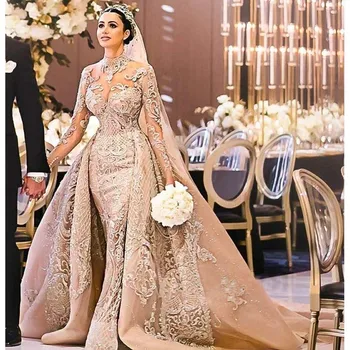 شراءفساتين زفاف فاخرة بأكمام طويلة من Robe De Mariee 2019 فساتين زفاف برقبة عالية مع تنورة