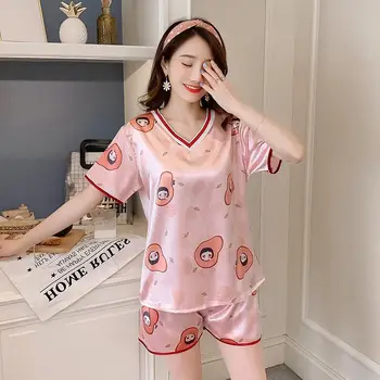 

Ice Silk Summer Pajamas For Women Sleepwear Cute Cartoon Print Women Pajamas Set Sexy V-neck Home Suit Pyjamas Plus Size
