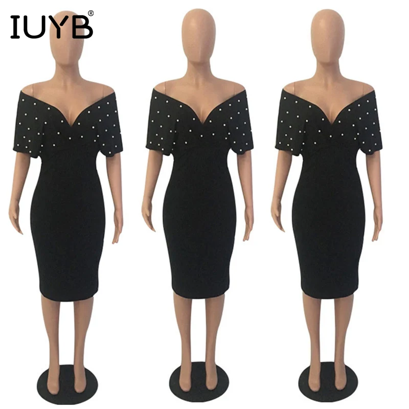 IUYB/ горячая Распродажа, элегантное женское платье в сексуальном стиле с глубоким v-образным вырезом и коротким рукавом, плюс размер, платье миди, WML8825