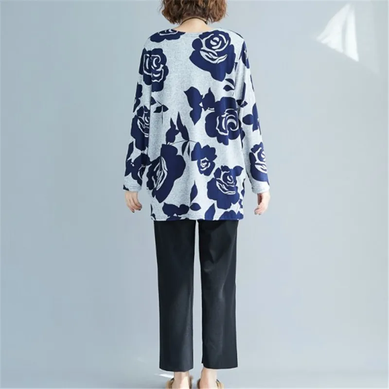4XL Удобные Свободные повседневные хлопковые футболки с цветочным принтом и длинным рукавом больших размеров для женщин осень Женская Базовая футболка