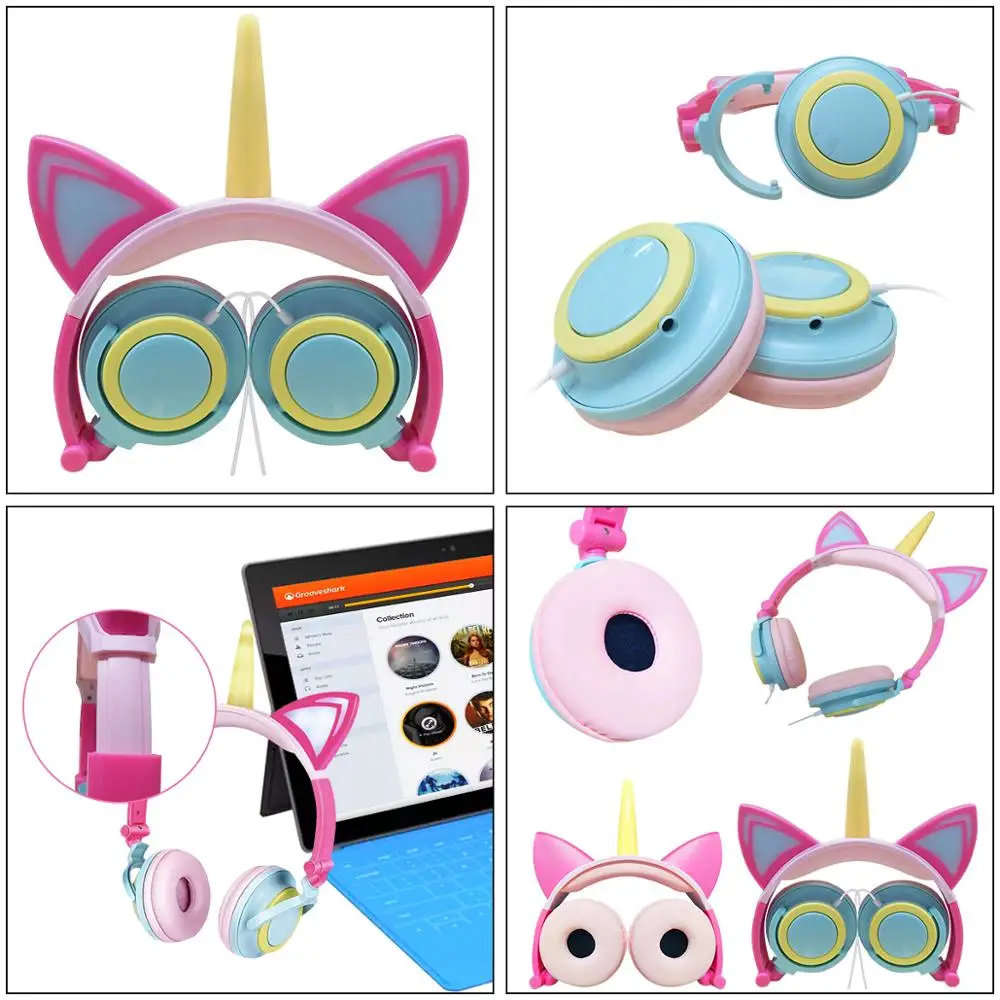 Cute Kids Headphone Led Light Unicorn Wired Headphones Girl Gamer PC Earphone Foldable Music Gaming Overear Headset Auriculares