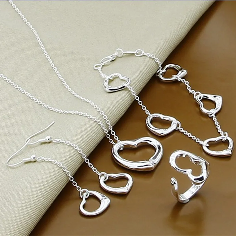 Silver Jewelry Set Wedding Heart Pendants Necklace Earring Bracelet Women