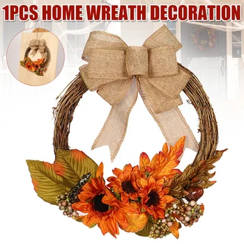 

Artificial Sun Flower Wreath Front Door Flower Bownot Wreath Housewarming Wreaths Hanging Decoration UD88