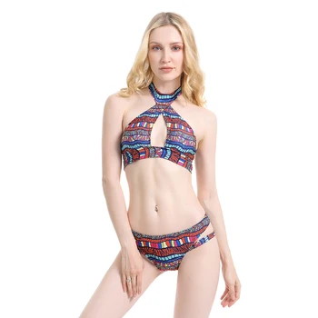 

High Neck Bikini Striped Swimsuit Hollow Out Swimwear Female Cross String Bikini Set Bathing Sexy Split Suit Hot Sale 2020
