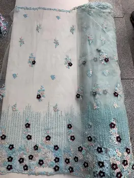 

top quality handmade embroidered net lace fabric with beads JOY-3170 beaded 3d flower african tulle lace for party dress fabric