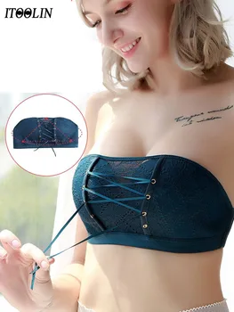 

ITOOLIN Women Green Lace Sexy Tube Tops Brassiere Lace Bra Wraped Chest Adjustable Straps Full Cup Bandage Summer Beach Bra