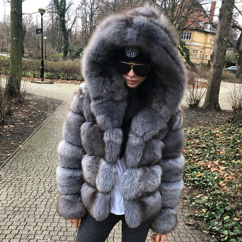 Grey Зимнее модное серое плотное пальто из натурального Лисьего меха с большим капюшоном из натурального меха лисы, куртка для женщин, роскошное пальто - Цвет: Grey