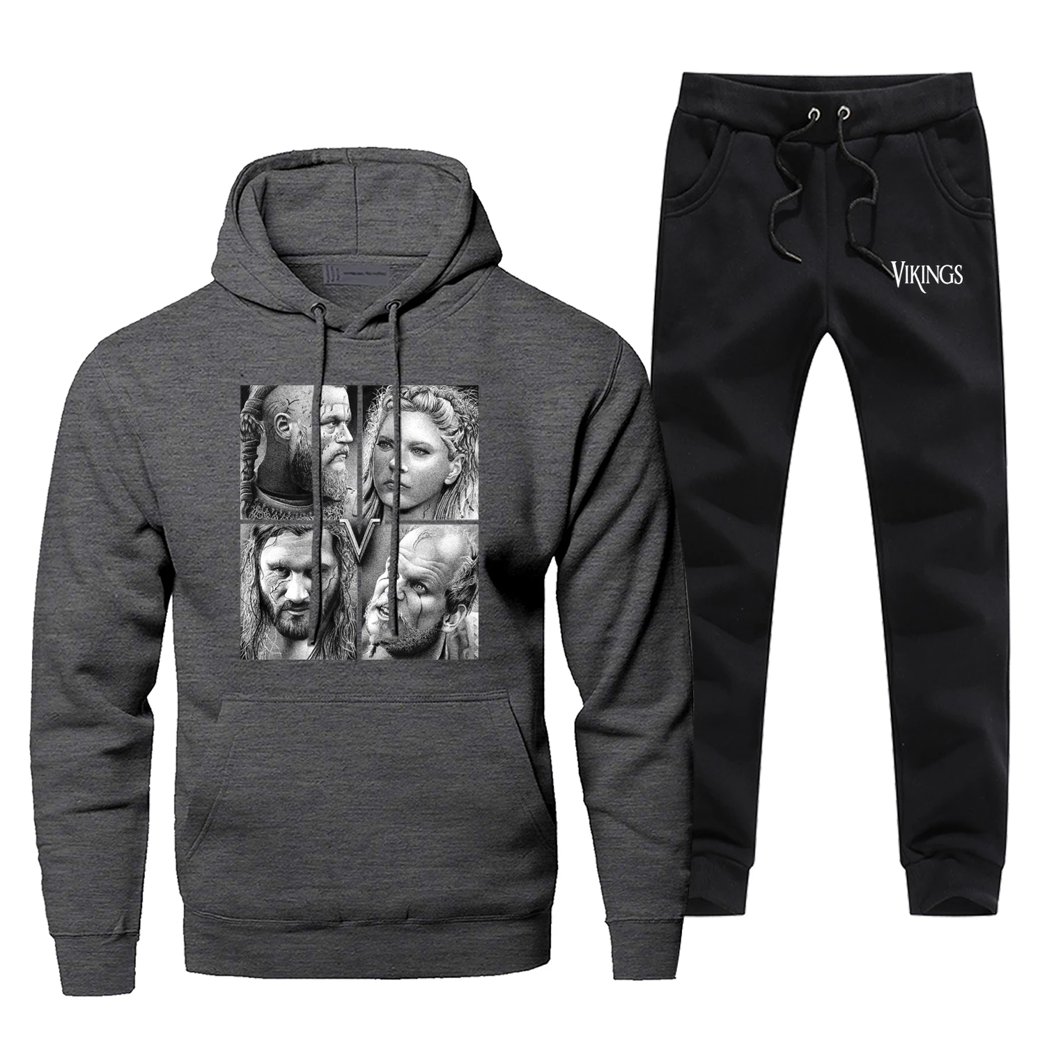 Dark Gray ТВ шоу один Викинг мужские толстовки+ брюки 2 шт. наборы Ретро Викинги спортивный костюм Мужская Новая флисовая Толстовка Harajuku уличная одежда спортивные штаны - Цвет: Dark Gray