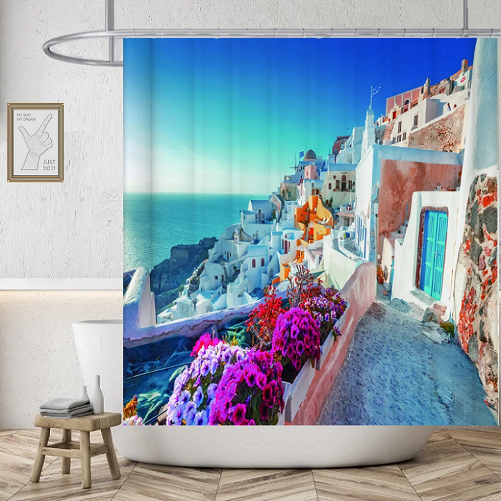 Beach High Quality Polyester Fabric Waterproof Shower Curtain 3D Washable Home Decor Nordic Style Building Bathroom Curtains