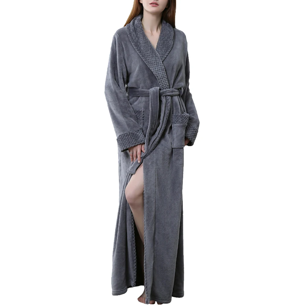 Одежда флисовый банный халат с карманами, очень Длинный пеньюар, Женская свободная теплая зимняя повседневная одежда для сна с поясом - Цвет: Черный