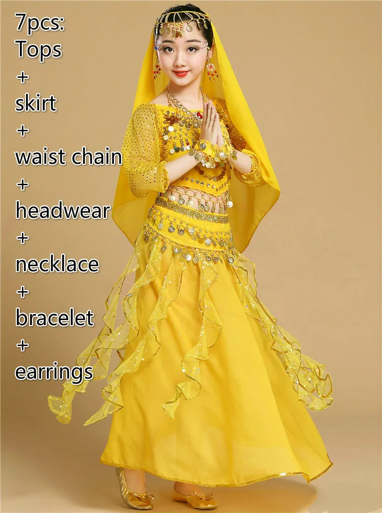 7pcs yellow Одежда для танца живота, Индийские танцы Болливуд, костюмы для детей, детская сексуальная одежда для танца живота, Восточный танец для сцены - Цвет: 7pcs yellow