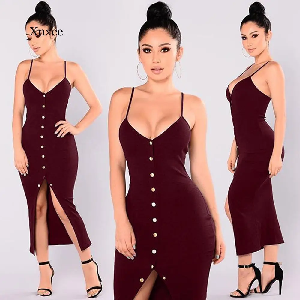 

Newly Solid Single Breasted Summer Sexy Fashion Dress Women Ladies Sleeveless V-Neck Skinny High Waist Casual Midi Dresses