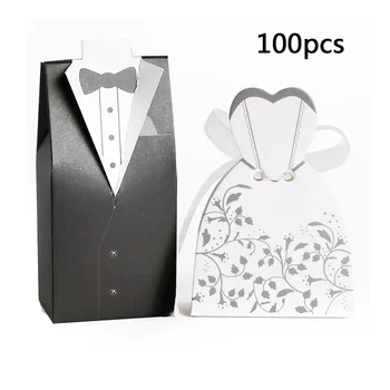 

100pcs Wedding Favor Boxes Dress Tuxedo Party Candy Gift Bride Groom Shower Paper