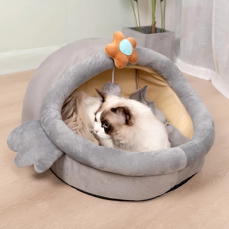 Cute Cat House Bed for Dog Kennel Removable Cave Sleeping Bag with Ball Winter Comfort Kitten Nest Cushion Pet Accessories | Дом и сад