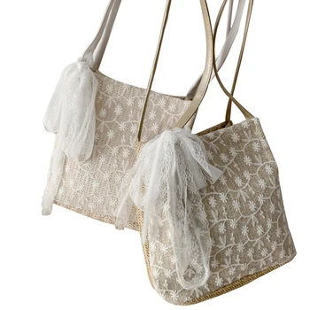 

Women Straw Beach Bag Exquisite Lace Woven Single Shoulder Bag Summer Handbag Daily Life Travel Floral Storage Tote