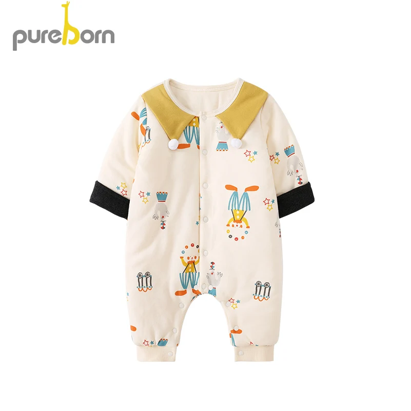 Pureborn/комбинезон для новорожденных мальчиков и девочек; комбинезон с длинными рукавами и хлопковой подкладкой с рисунком клоуна; воротник Питер Пэн; комбинезон унисекс; зимняя одежда - Цвет: beige
