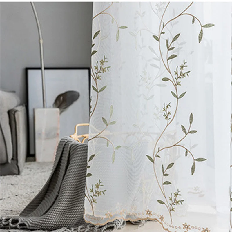 Embroidered Tulle Зеленые листья, пряжа для вышивки, занавески для гостиной, необычный белый тюль для спальни, Балконная кружевная прозрачная вуаль, X-M199#20 - Цвет: Embroidered Tulle
