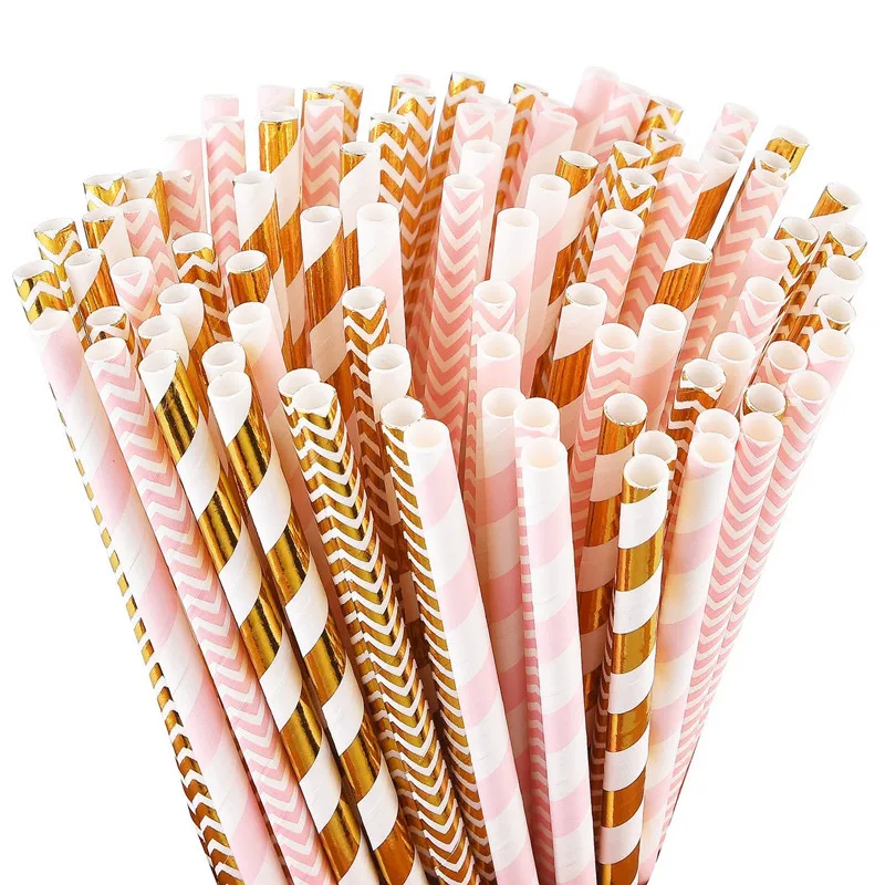 

Paper Straws Cross Border Amazon Hot Sales Pink Gold Set Paper Sucker 100 Root Packaging Currently Available