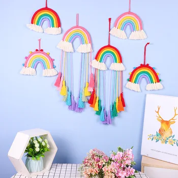 

INS Rainbow Tassel Handmade Macrame Tapestry Wall Hanging Cotton Rope Woven Bohemian Geometric Boho Tapestry Room Home Decor