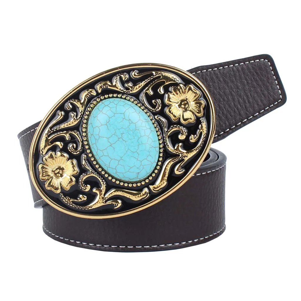 Western Cowboy Leather Belt Arabesque Buckle Turquoise Women Mens Adjustable