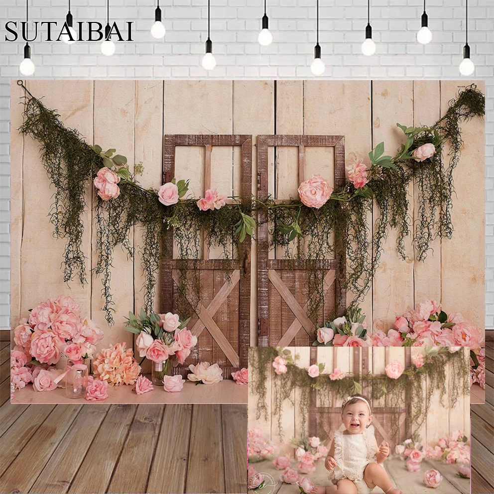 

Pink Flowers Girl Birthday Background Rustic Wooden Door Photography Wallpaper Newborn Baby Shower Child Portrait Photo Backdrop