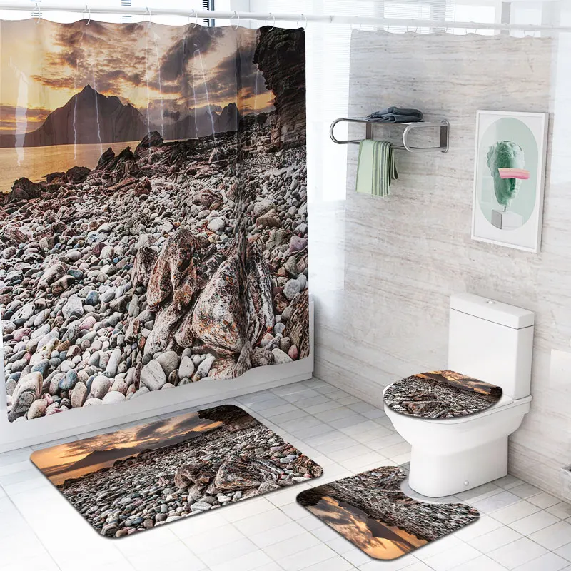 Dusk Beach Waterproof Shower Curtains Polyester Fabric High Quality
Bathroom Curtain Rug Lid Toilet Cover Mat Bath Carpet Set