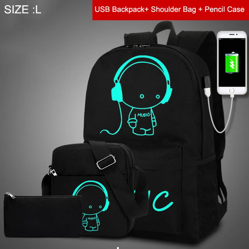 Music Boy USB-L-3pcs Аниме светящийся Оксфордский школьный рюкзак на плечо Детские рюкзаки 15,6 дюймов с usb-портом для зарядки школьная сумка для мальчика - Цвет: Music Boy USB-L-3pcs
