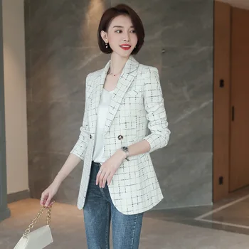

Women's single coat 2019 autumn new casual fashion temperament Slim wild lattice double-breasted small suit women's shirt