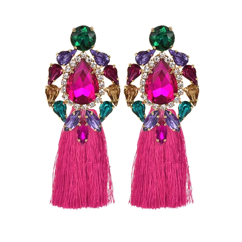 Handmade blue Big Crystal Flower Earring Vintage Ethnic Bohemian Rhinestone Long Tassel Drop Dangle Earrings for Women Jewelry