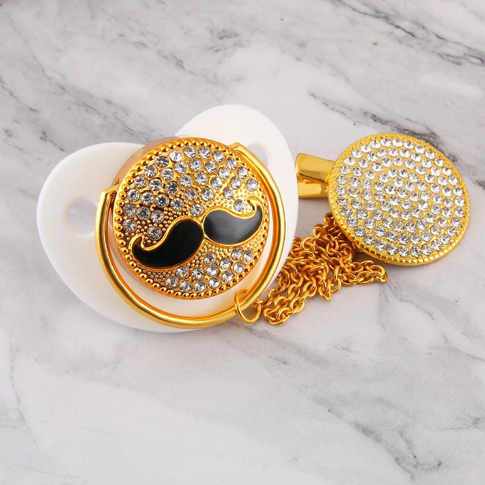 Bling Bling Moustache Baby Pacifier And Pacifier Clip Set Fashion Shiny Crystal Pacifier Safe Baby Gift