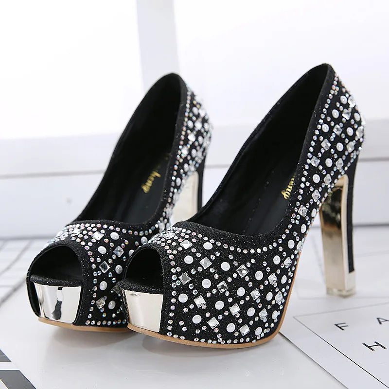 

Peep Toe Woman pumps sandals with Rhinestone Heels 11CM clear Platform Shoes female High Heels silver Black Shoes Woman Heels