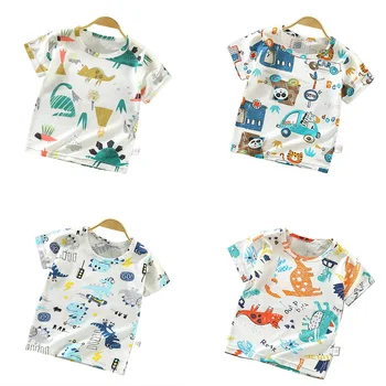

Little Kids Summer Cotton Top Short Sleeve Cartoon Cute Car or Dinosaur Patterns Loose Round-Neck Wild Fashion Top Clothes