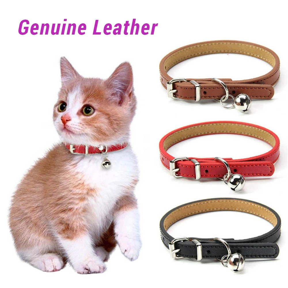 Soft Genuine Leather Cat Collar With Bell Adjustable Puppy Neck Strap For Kitten Necklace Cat Accessories Pet Supplies XS/S classic plaid cat collar cotton soft kitten necklace adjustable breakaway puppy rabbits bow tie pets accessories supplies