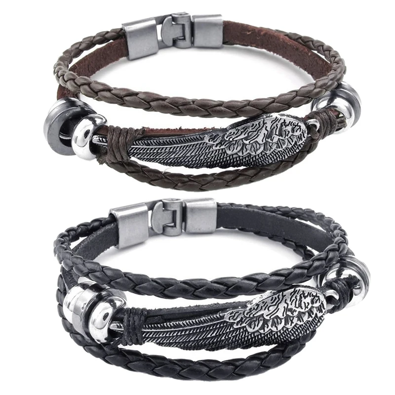 2 шт ювелирные изделия мужской и дамский браслет, ангельский Пернатый браслет, кожа, натуральная кожа Сплав, черный серебряный с коричневым S