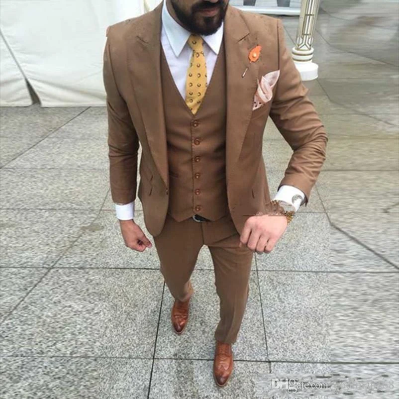 Esmoquin delgado para traje de boda para hombre, chaqueta excelente, chaqueta de 3 piezas (chaqueta + Pantalones + chaleco), color marrón|Trajes| - AliExpress