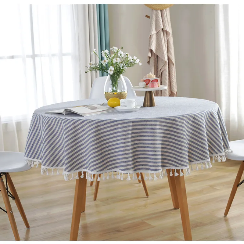 Полосатый пыленепроницаемый кисточкой Декор для дома, настольный чехол из хлопка, льна для обеденный кухонный стол круглый прохода гостиная скатерти - Цвет: blue stripes