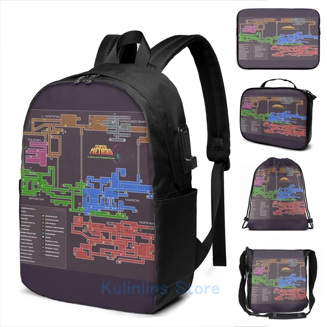 Funny Graphic print Super Metroid Map USB Charge Backpack men School bags  Women bag Travel laptop