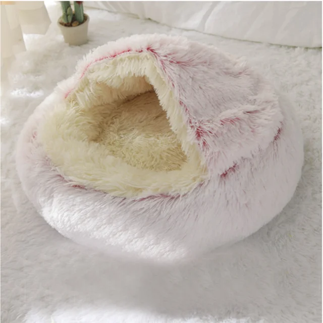 Winter Cat Bed Long Plush Pet Cat Cushion Warm Sleep Bag Bed Round Half-Pack Cat Basket Lounger Nest For Small Medium Large Dog Pink Long Plush