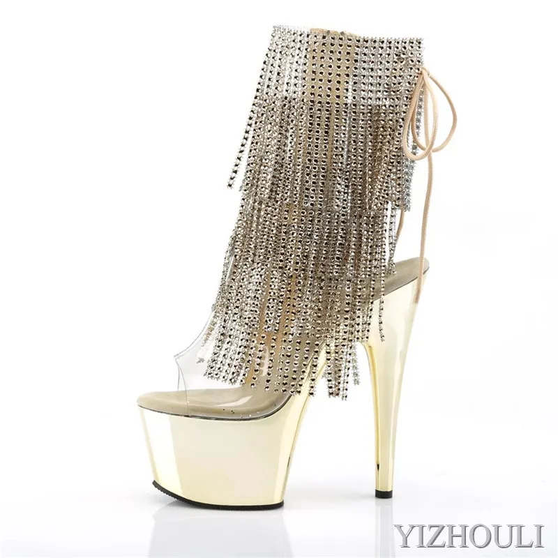 Party runway shoes, 6-inch rhinestone vamp boots, 15cm, electroplated stiletto heels, sexy Princess pole dancing shoes
