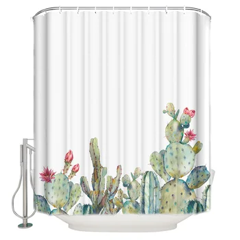 

Cactus Tropical Plant Bathroom Curtain Polyester Fabric With 12 Hooks Waterproof Shower Curtain