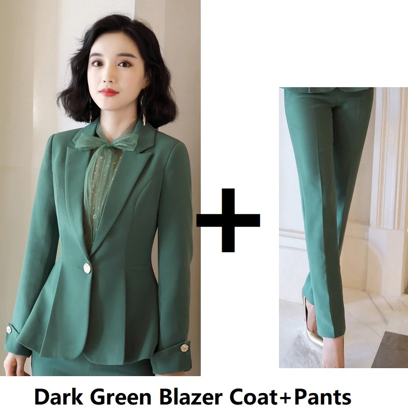 Dark Green Pantsuits Форменный дизайн, женские брючные костюмы, Формальные женские деловые рабочие костюмы, OL стили, профессиональные блейзеры, брюки, костюмы на осень и зиму - Цвет: Dark Green Pantsuits
