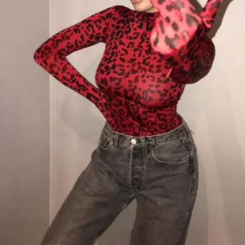 

Autumn Casual Long Sleeves Half High Collar Bodysuit Women Leopard Pattern One-piece Bodysuit