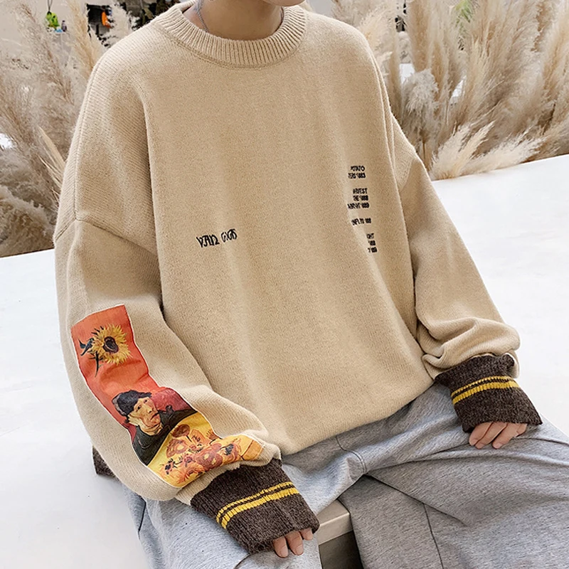 2020 Autumn Cotton Hip Hop Men Sweater Pullover pull homme Van Gogh Painting Embroidery Knitted Sweater Vintage Mens Sweaters