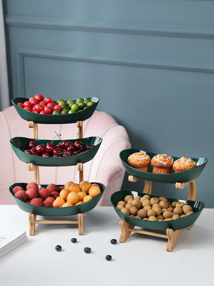 

2/3 Tiers Plastic Fruit Plates with Wood Holder Oval Serving Bowls for Party Food Server Display Stand Fruit Candy Shelves