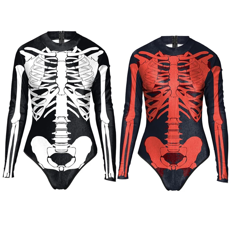 

2019 New Summer Girl Long Sleeve Halloween Skull Bone Swimwear Bodysuit 3D Prints One Piece Women Swimsuit Sport Bathing Suit