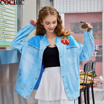 

Women Stand Collar Zipper Denim Jacket Strawberry Embroidery Splice Pocket single-breasted Loose Jeans Coats
